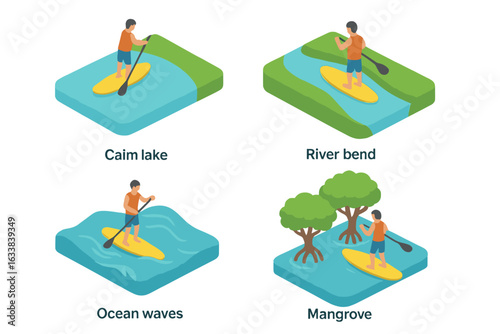 Paddleboarding destinations isometric icon set. Stand up paddle board on calm lake, river bend, ocean waves, mangrove forest. Vector illustration. Water sports, adventure travel, leisure activity.