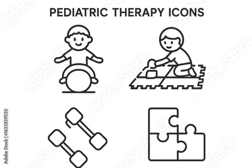 Pediatric Therapy Outline Icons Set. Vector Illustration of Child on Therapy Ball, Play Mat Activities, Exercise Dumbbells, Puzzle Pieces. Pediatric Occupational Physical Therapy Tools Symbols
