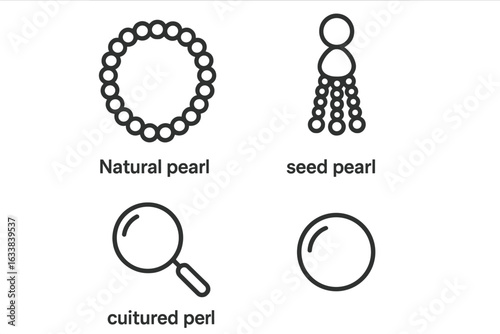 Pearl and Bead Icon Set Outline Vector. Natural Pearl Strand, Seed Pearl Tassel, Cultured Pearl Magnifier, Gemstone Jewelry Illustration. Minimalist Black Line Jewelry Elements Isolated on Transparent
