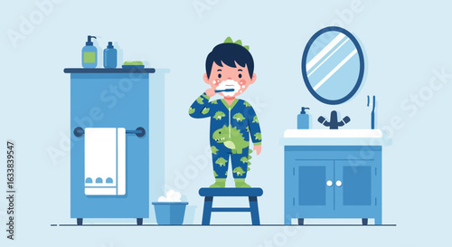 Childhood Morning Routine Boy In Dinosaur Pajamas Brushing Teeth Vector Art