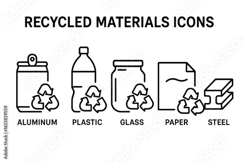 Recycled materials icons set. Line style vector illustration of recycling aluminum can, plastic bottle, glass jar, paper sheet, steel. Eco-friendly symbol, waste management, sustainability concept