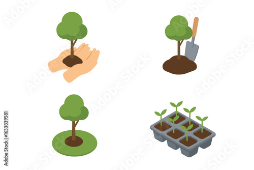 Reforestation and Afforestation Icon Set, Isometric Flat Design, Tree Planting, Sapling Growth, Nursery Seedling Tray, Environmental Conservation, Green Ecology Vector Illustration