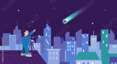 Childhood Wonder Nighttime Rooftop Observation Of A Passing Celestial Wonder