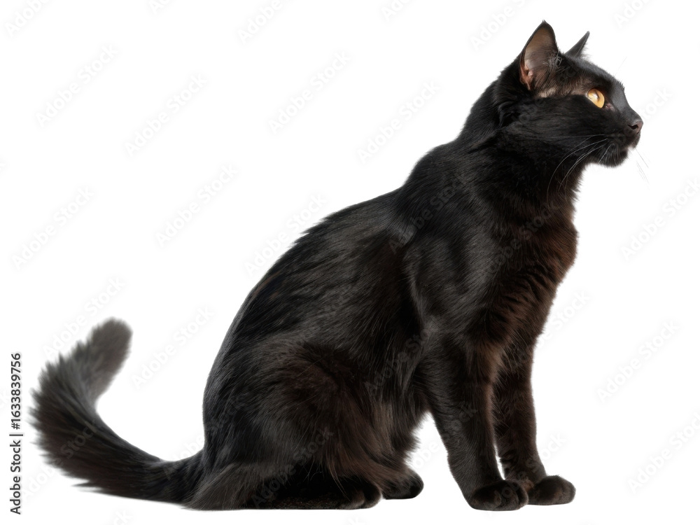 Obraz premium Sleek black cat sits gracefully, showcasing its elegant posture and striking yellow eyes, embodying charm of Bombay cat