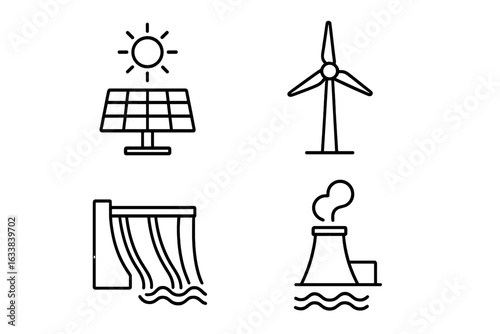 Renewable energy outline icon set. Solar panel with sun, wind turbine, hydroelectric dam, geothermal power plant. Clean energy vector line illustration. Sustainable ecological power icons