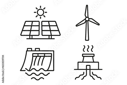 Renewable energy outline icon set. Solar panel, wind turbine, hydroelectric dam, geothermal power plant vector illustrations. Clean energy generation, green technology, eco power source symbols