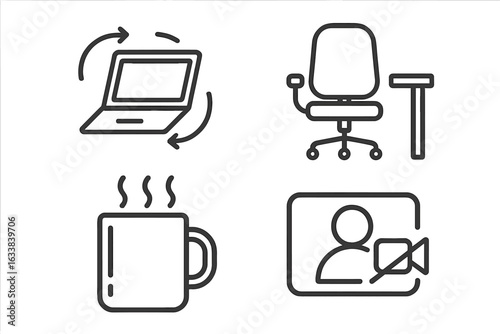 Remote work icons outline set with spinning laptop, empty desk chair, cold coffee mug, muted video call symbol, home office isolation concepts, productivity and virtual communication vector