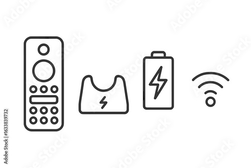 Remote Control Vector Icon Set. Wireless Device Outline Icons. Modern Minimal Remote Control, Dock Charger, Battery Power, Infrared Signal, WiFi Symbol. Smart Home Electronics Accessories.