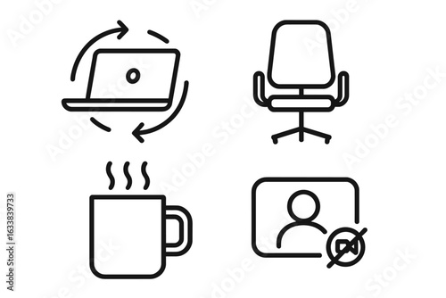 Remote work icons vector set, outline style with isolation concepts, spinning laptop, empty desk chair, cold coffee mug, muted video call symbols, home office and telecommuting elements
