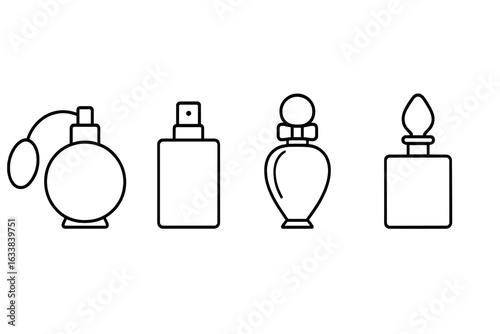 Perfume Bottle Icon Set. Outline Vector Collection of 4 Unique Perfume Bottle Designs with Atomizer Bulb, Spray Nozzle, Decorative Cap, Glass Stopper, Elegant Beauty Fragrance Containers