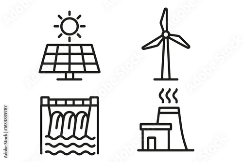 Renewable energy outline icon set. Solar panel, wind turbine, hydroelectric dam, geothermal power plant. Green energy generation, sustainable electricity graphic. Eco technology vector illustration