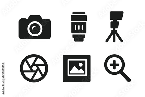 Photography icon set. Solid and filled vector icons of camera, lens, tripod, flash, aperture, photo gallery, filter, zoom, magnifier. Black pictogram collection for photo editing, web, apps, design.