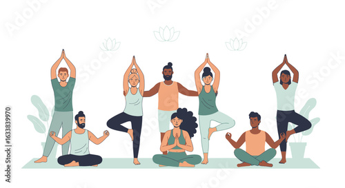 Diverse People Practicing Yoga And Meditation For Wellbeing And Mindfulness