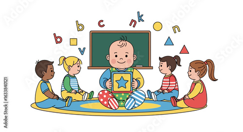 Children Enjoy Learning Alphabet And Geometric Shapes In A Playful Kindergarten