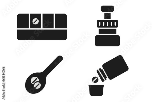 Solid Pill Accessory Icons Set. Pill Organizer, Pill Crusher, Measuring Spoon, Pill Bottle Pouring. Medication Management, Solid Vector Medical Tools, Pharmacy, Dosage Container, Healthcare Concept