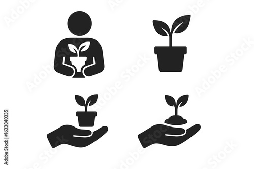 Plant care icon set. Solid filled vector illustration of nurturing, holding, protecting, and growing small sapling in pot, hand with soil, person carrying potted plant. Gardening, growth, eco concept.