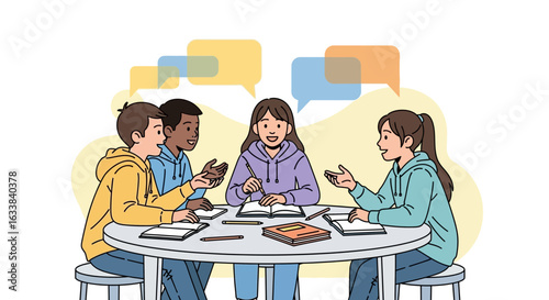 Diverse Students Collaborating Around a Table for Project Discussion and Study