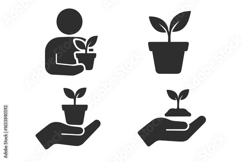 Plant care icons set. Solid filled vector illustration of nurturing and growing young plant, person holding potted plant, sapling in pot, hand supporting plant growth, eco gardening concept