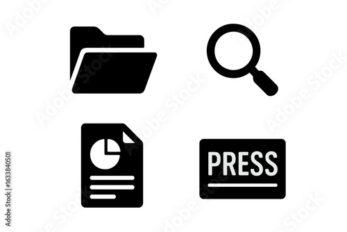 Political transparency icons set. Solid vector illustration of open file folder, magnifying glass search, analytics report, press badge. Government, freedom of information, investigation, journalism.