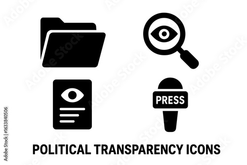 Political Transparency Icon Set. Solid Filled Icons for Government Openness, Accountability, Press Freedom. Folder, Magnifying Glass, Eye on Report, Press Microphone. Democracy, Media, Disclosure.