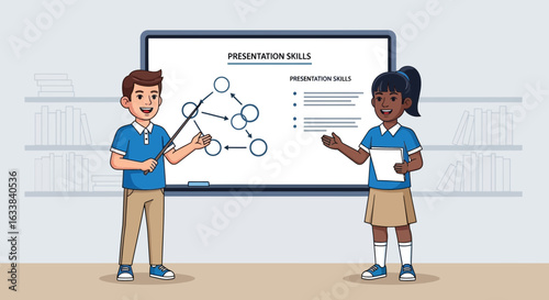 Diverse Students Delivering Presentation Skills In Classroom Environment With Blackboard