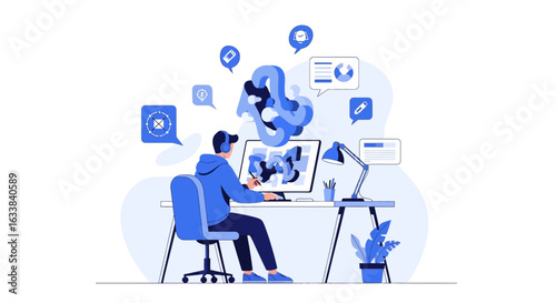 Creative Designer Working On New Project At His Desk And Multiple Social Bubbles