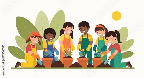 Children Gardening Together Planting Flowers And Vegetables Outdoor Activity