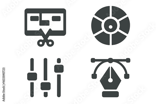 Solid Black Post Production Vector Icon Set. Video Editing Timeline, Color Grading Wheel, Audio Mixer Sliders, Graphic Design Pen Tool. Modern Digital Media Production, Film Studio Tools