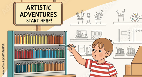 Creative Explorations Begins Boy Imagines Artistic Adventures with Colorful Pencils