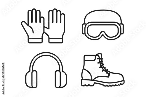 Vector Set of Wood Chopping Safety Gear Icons with Outline Style—Work Gloves, Safety Goggles, Ear Protection, Steel Toe Boots, Protective Equipment, Construction Site Tools, Personal Safety PPE