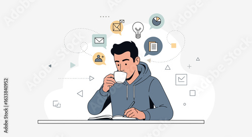 Creative Freelancer Drinking Coffee And Jotting Down Notes Concept Design