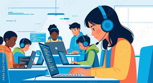 Diverse Students Learning Code Together In A Modern Classroom Environment