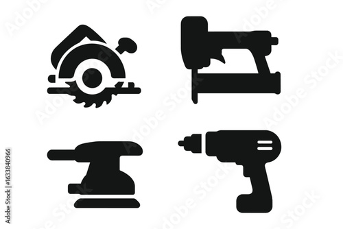 Black Solid Vector Icons Set of Power Tools for Construction and Carpentry Including Circular Saw, Nail Gun, Orbital Sander, Electric Drill, Home Repair, Workshop Equipment, Transparent Background