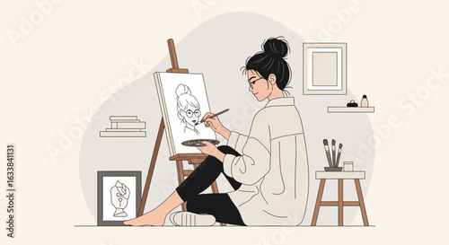 Creative Girl In Her Studio Painting A Portrait On Canvas Art Therapy Session