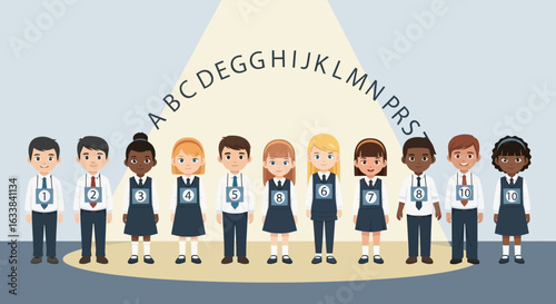 Diverse Students Posing Under Letters Of The Alphabet For Educational Illustration