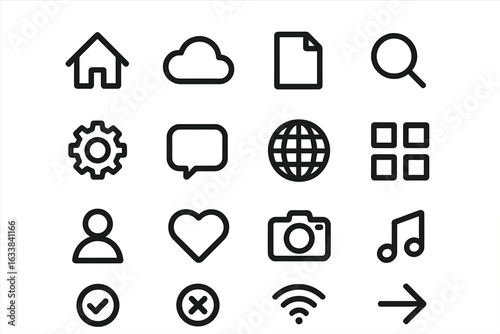Minimalist Black Line Icon Set. Home, Cloud, File, Search, Settings, Chat, Globe, Grid, User, Heart, Camera, Music, Checkmark, Cancel, Wifi, Arrow. Web UI, Mobile App, Interface Vector Collection