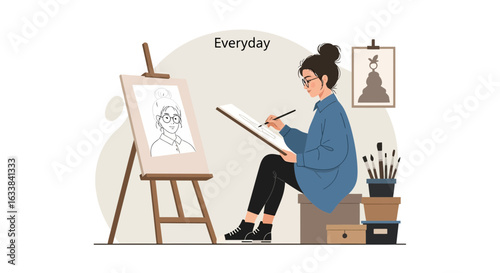 Creative Hobby Young Woman Drawing Portrait at Home Art Studio Alone