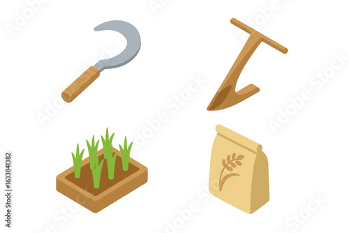 Rice Cultivation Farming Tools and Agriculture Icons Set. Sickle, Plow, Young Rice Plant Seedlings in Soil, Seed Bag. Agricultural Equipment, Asian Paddy Field Farming, Harvest, Plant Growth Concept