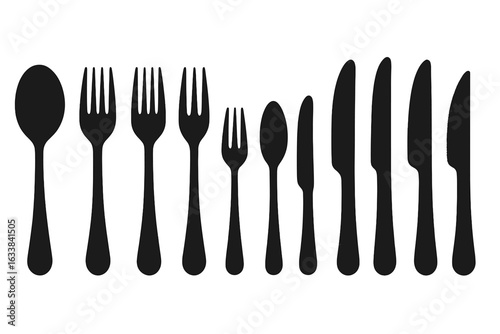 Black cutlery silhouettes collection, various utensil types, spoons, forks, knives, dining flatware set, kitchen tools, restaurant tableware, isolated vector illustration for menus and cafes