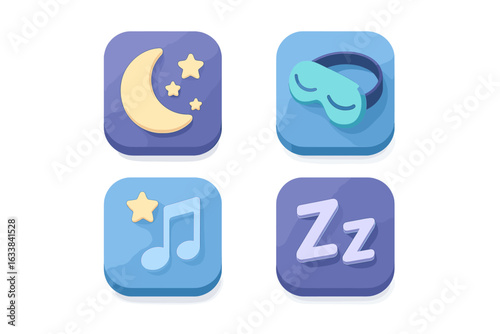 Sleep and Relaxation App Icon Set. Isometric Flat Design Collection with Crescent Moon and Stars, Sleep Mask, Lullaby Music Note, Letter Z for Sleep, Bedtime Symbols. Vector Illustration.