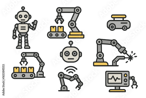 Industrial robotics icons set vector, automation technology illustration, robotic arms, manufacturing, assembly line, AI robot, factory automation system, cartoon style, transparent background