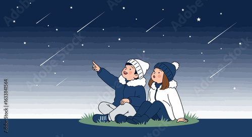 Children Watching The Night Sky With Shooting Stars, Creating Dreamy Atmosphere