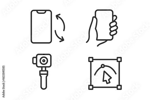Smartphone orientation icons set. Line vector illustration. Mobile device rotation, handheld grip, action camera gimbal, graphic design interface. UI, UX, gadget functions, creative workflow.