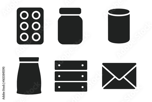 Solid Product Packaging Icons Set. Vector Illustration of Various Packaging Types Including Blister Pack, Jar, Can, Pouch, Crate, and Envelope. Black Silhouette Symbols for Food and Goods