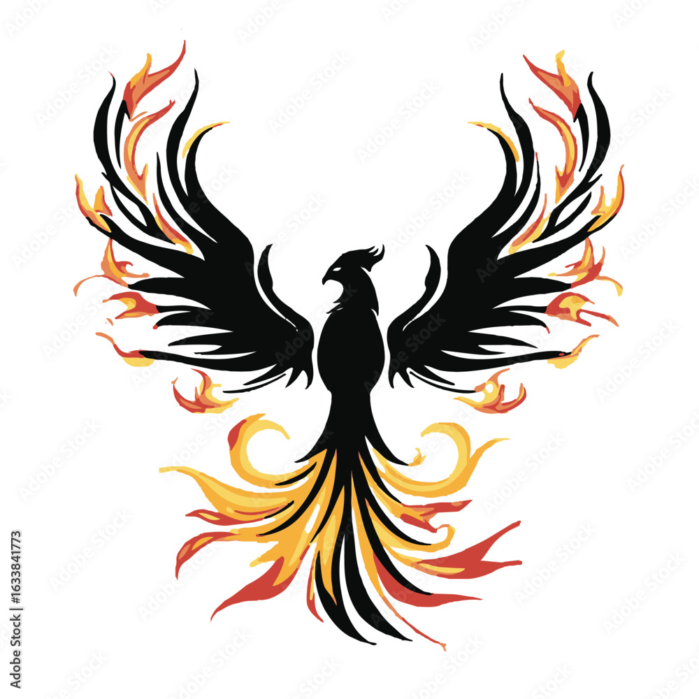 Obraz premium Striking black phoenix silhouette with vibrant yellow and orange flames, symbolizing rebirth and strength. Ideal for logos, tattoos, or art prints.