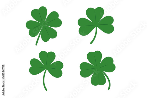 Four leaf clover and shamrock vector set. Green clover icons collection, Irish luck symbols for St. Patrick’s Day, nature spring foliage, botanical elements, decorative plants isolated on white