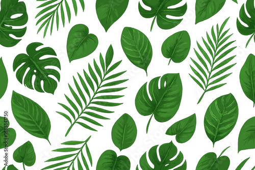 Seamless tropical green leaves pattern vector, exotic jungle foliage, monstera, palm, banana, botanical wallpaper, nature inspired decorative background, lush greenery, repeating rainforest texture