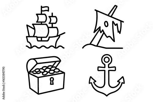 Pirate adventure icon set. Outline vector icons featuring pirate ship, shipwreck with tattered sail, treasure chest loot, and anchor. Nautical pirate symbols for map, party, sticker, game, decor.