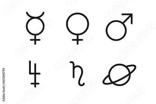 Planetary symbol icons set. Minimalist outline astrology vector illustration. Mercury, Venus, Mars, Jupiter, Saturn planet symbols. Space astronomy, zodiac, astronomy signs. Modern black line art