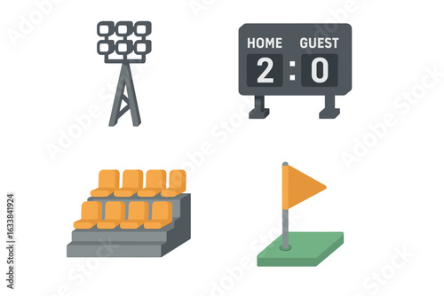 Stadium Isometric Icon Set. Vector Illustration of Sports Arena Elements: Stadium Floodlights, Digital Scoreboard, Spectator Stands, Corner Flag. Broadcast, Infrastructure, Match Setup, Game Venue